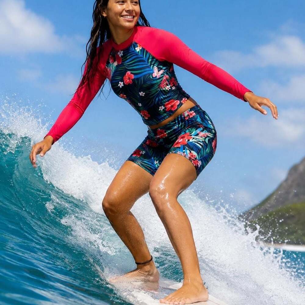 Uccdo Girls Tropical Floral Long-Sleeve Rash Guard Swimsuit Set